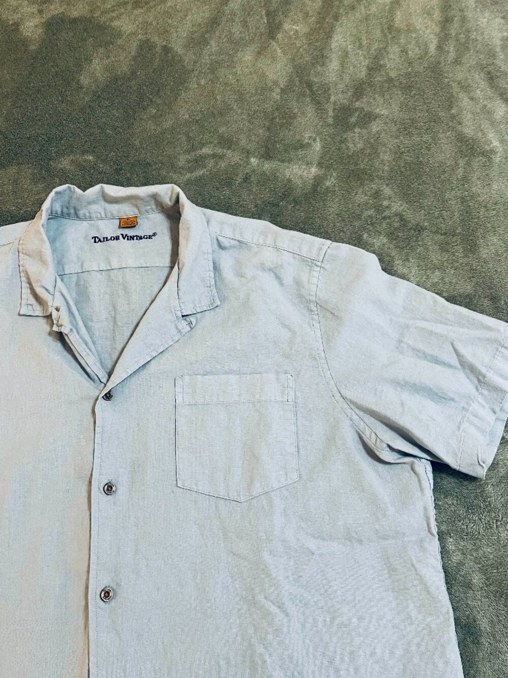 Tailor Vintage Men’s Linen Cotton Button Front Shirt Blue Short Sleeve Size XL